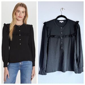 NWOT Goldie Lewinter Slub Jersey Vintage Long Sleeve Ruffle Detail Top in Black